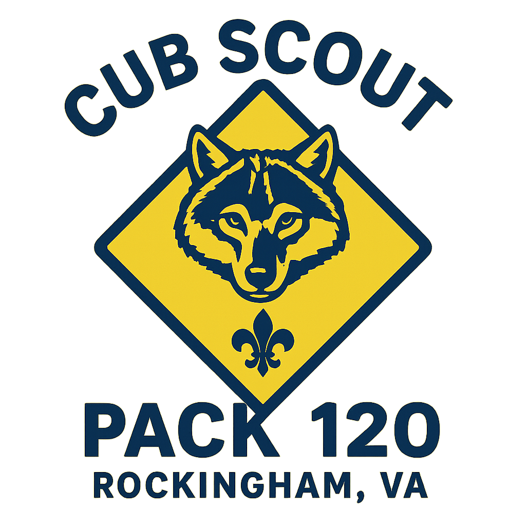 logo del pack 120 de cubscouts con lobo azul oscuro sobre fondo amarillo